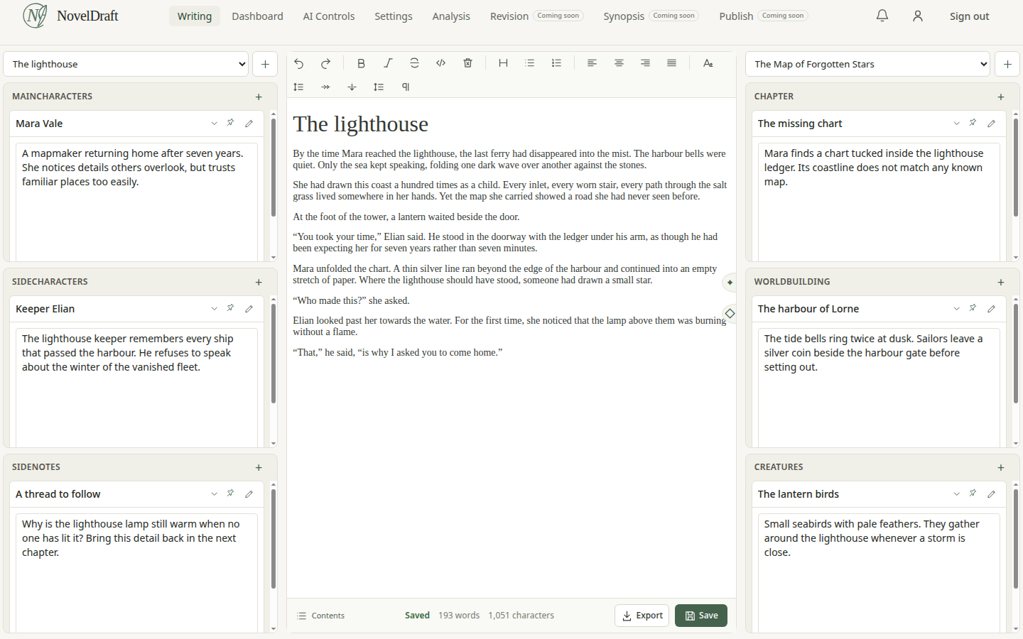 NovelDraft desktop writing desk with manuscript and notes sidebars